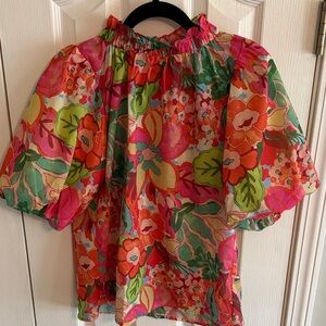 Floral Blouse in Bright Pink, Orange & Green